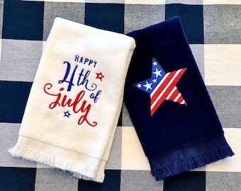 Embroidered “Happy Fourth of July” and Patriotic Star Fingertip Towels Set of Two