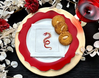 Embroidered Lunar New Year, Year of the Snake, Red and Gold Snake Cocktail Napkins/Coasters I Set of Four