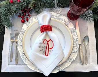 Embroidered Snowflake Monogrammed Linen Dinner Napkins Set of Four