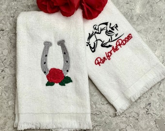 Embroidered Kentucky Derby, “Run for the Roses” Fingertip Towels Set of Two