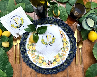Embroidered Lemon Wreath with Bow Monogrammed Linen Dinner Napkins Set of Four