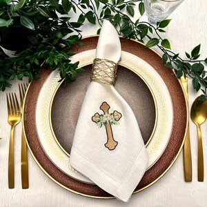 Embroidered Cross with Lilies, Easter, Baptism Linen Hemstitch Dinner Napkins Set of Four bild 1