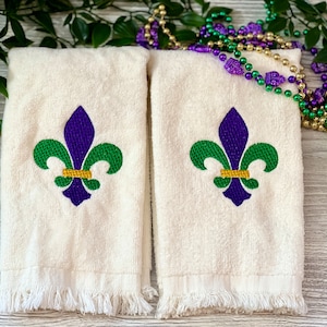 Embroidered Fleur-De-Lis, Mardi Gras Fingertip Towels Set of Two