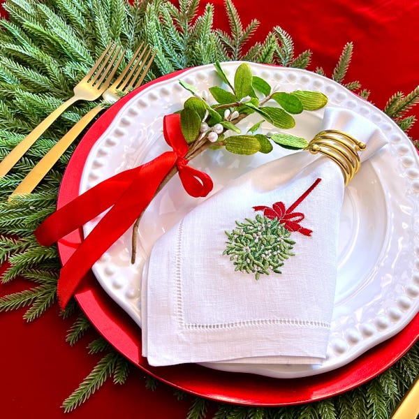 Embroidered Christmas Mistletoe Ball Holiday Linen Hemstitch Dinner Napkins Set of Four