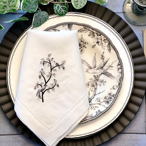 Embroidered Chantilly Birds Linen Dinner Napkins Set of Four