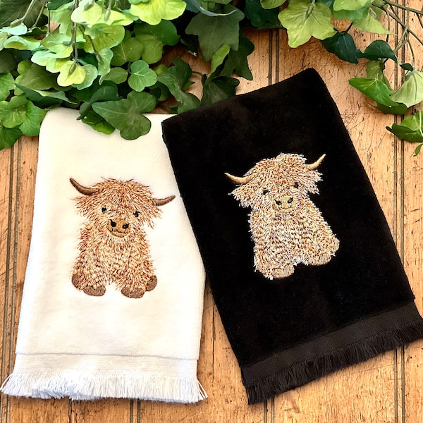 Embroidered Mini Highland Cow Fingertip Towels Set of Two