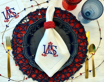 Embroidered Ribbed Red and Blue USA Monogram Linen Hemstitch Dinner Napkins Set of Four