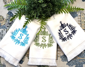 Embroidered Chinoiserie Pagoda Bamboo Leaves Monogrammed Fingertip Towels Set of Two