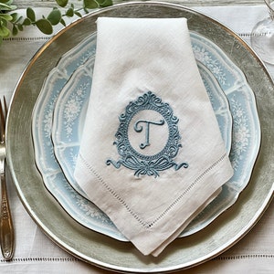 Embroidered Antique Rococo Monogrammed Dinner Napkins Set of Four