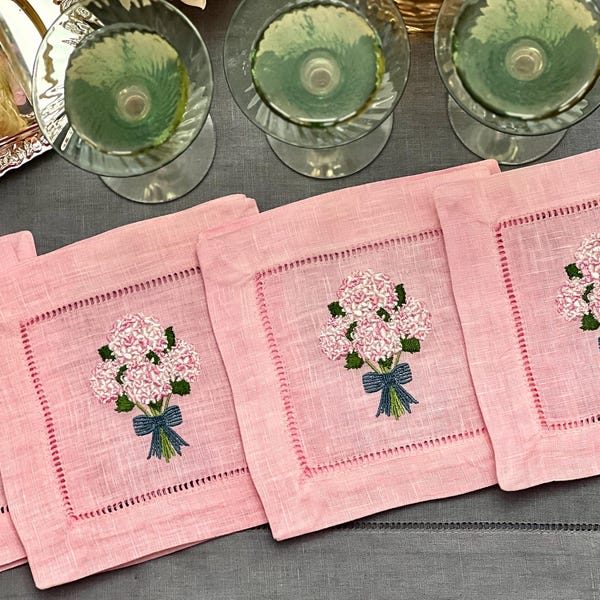 Embroidered Pink Variegated Hydrangea Bouquet Cocktail Napkins/Coasters Set of Four