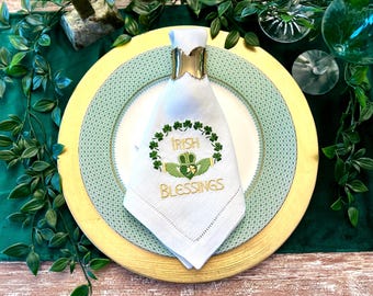Embroidered “Irish Blessings,” Claddagh, St. Patrick’s Day, Linen Dinner Napkins Set of Four