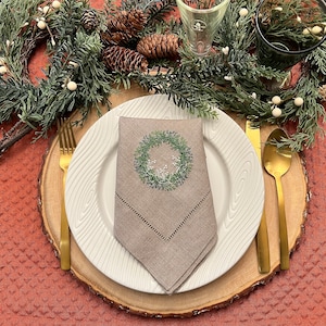 Embroidered Winter Wreath with Berries Linen Dinner Napkins Set of Four