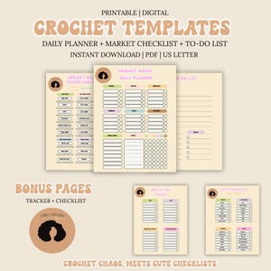 May include: Printable crochet templates for a daily planner, market checklist, and to-do list. The templates feature a colourful design with a black woman's face in the corner of each page.
