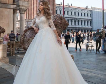 Handmade Long sleeve wedding dress, Bridal gown, Cathedral wedding gown, Embroidery Wedding Gown Beaded Wedding Dress Lace Custom