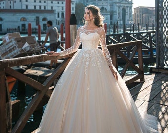Boat Neck, Chiffon Wedding Dress, Simple Bridal Gown, Custom Made Wedding Dress, Boho Long Elegant Wedding Dress with Sleeves