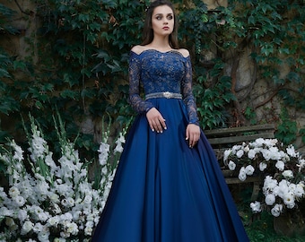 Dark Royal Blue Evening Dresses, Long Off Shoulder Evening Gown, Victorian Dress, Fairytale Fantasy Dress, Graduation Party Dress
