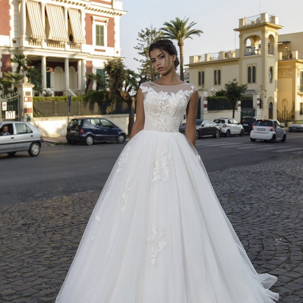 Classic Simple Bridal Dress, Vintage Theme Wedding Gown, Custom Handmade Dress, White A line Wedding Dress, Short Sleeve Dress