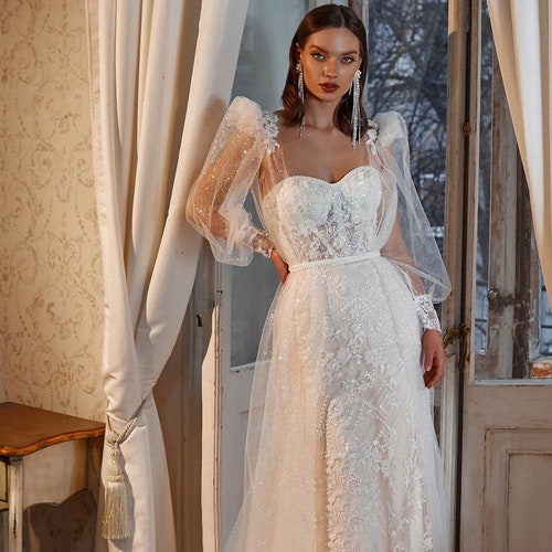 Detachable Sleeve Wedding Dress Cup Bustier Dress Bridal Etsy