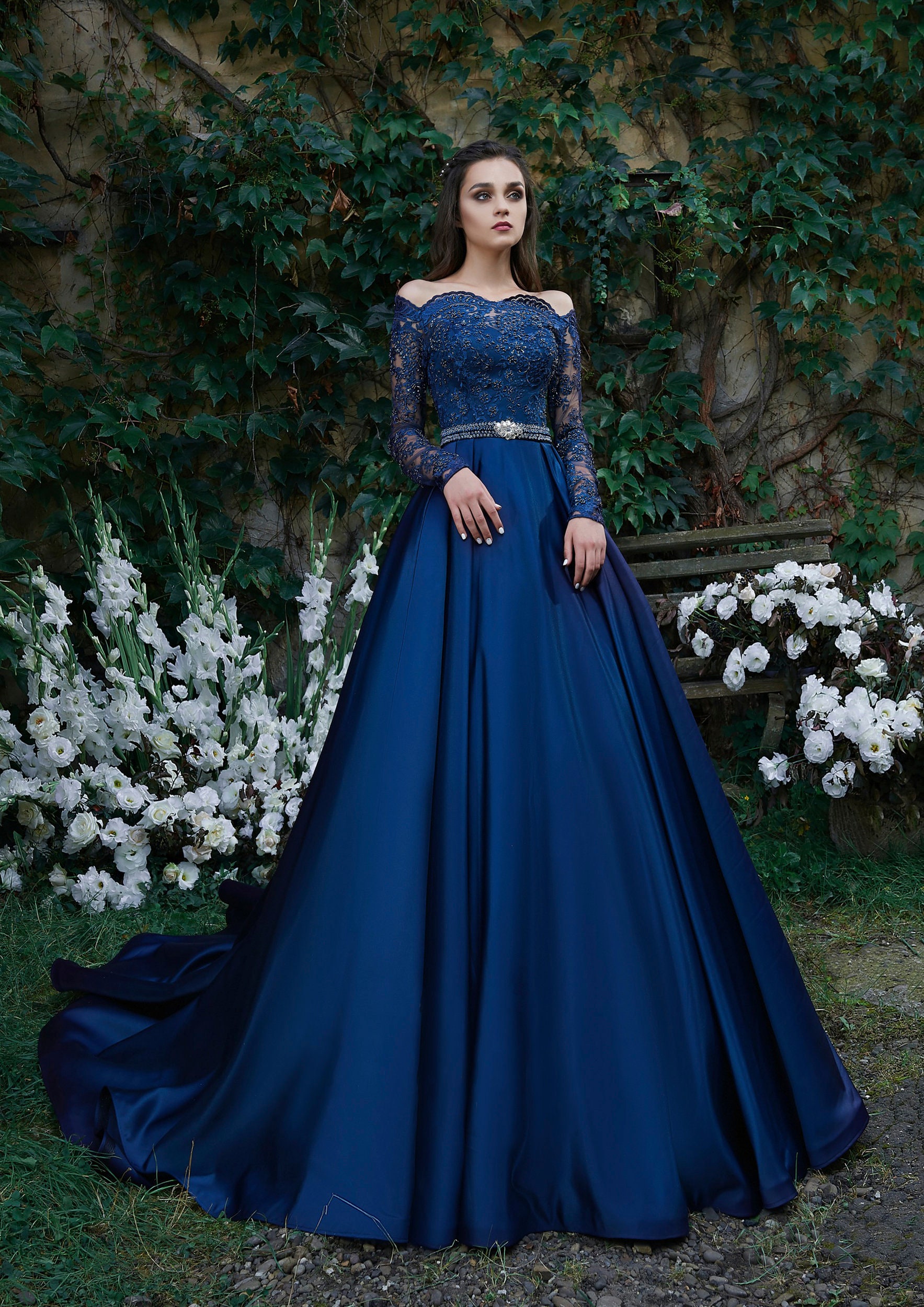 Dark Royal Blue Evening Dresses Long Off Shoulder Evening Etsy UK