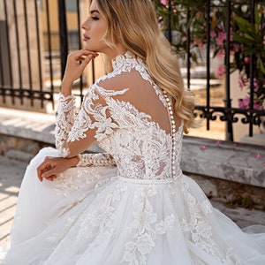 Illusion Lace Open Back Wedding Dress, Tulle Wedding Dress