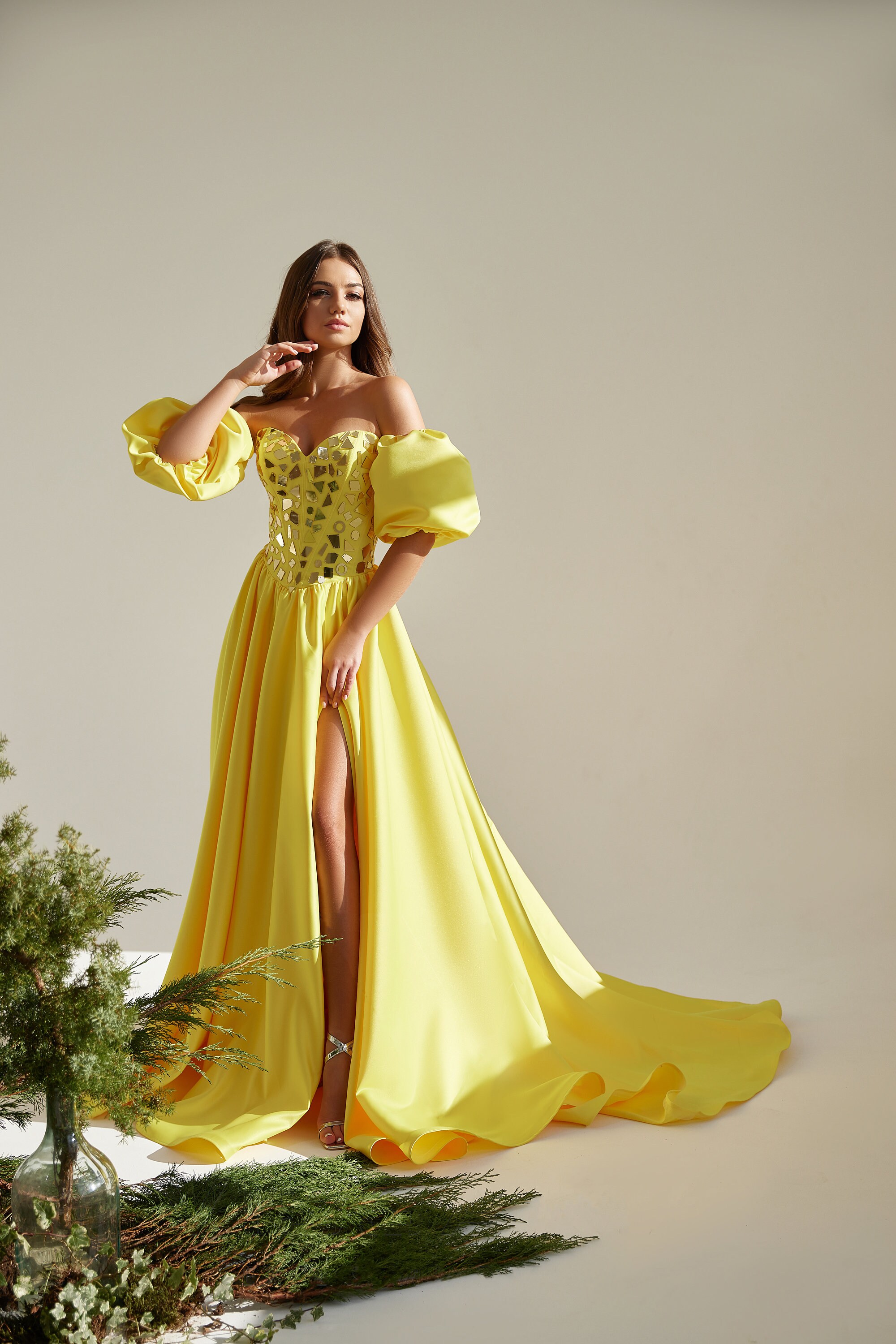 black and yellow formal dress