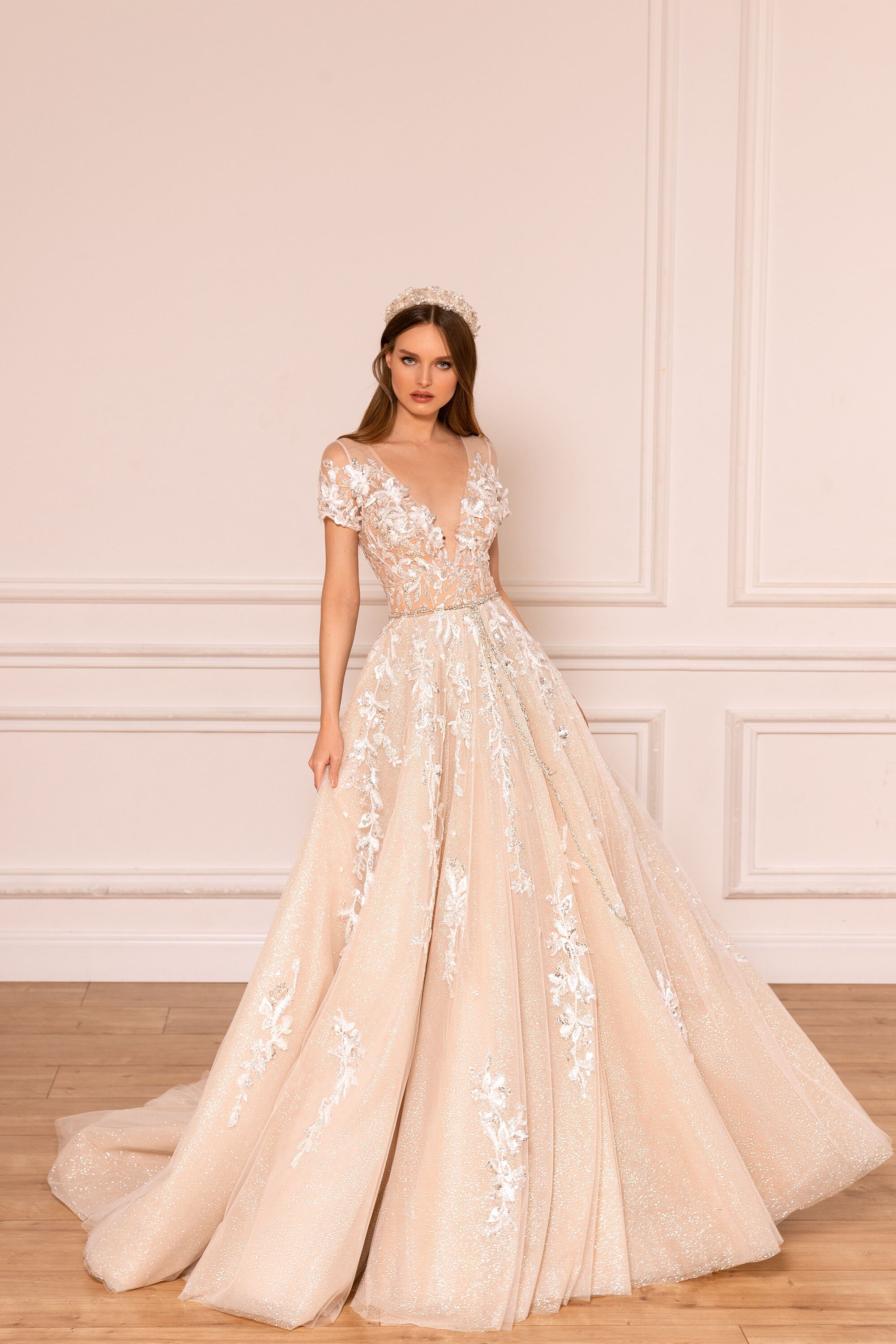 champagne tulle wedding dress