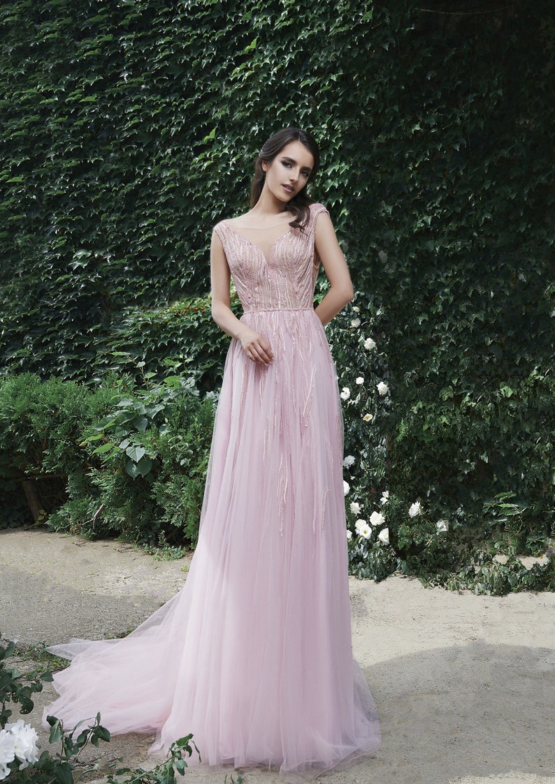 Blush Evening Dress Blush Pink Prom Dress Sparkly A Line Etsy