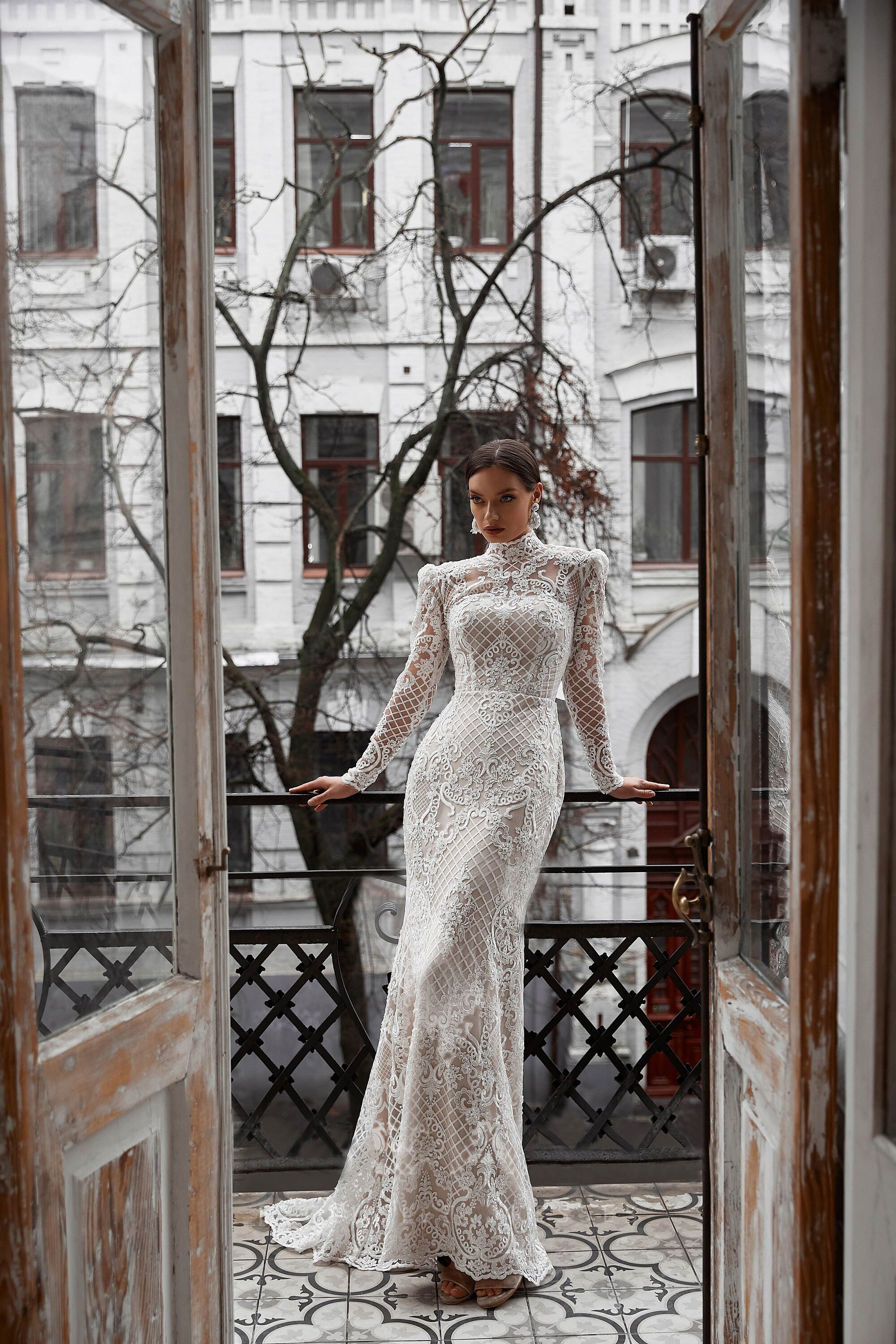 Modest Long Sleeve Lace A-Line Wedding Dress with High Neckline