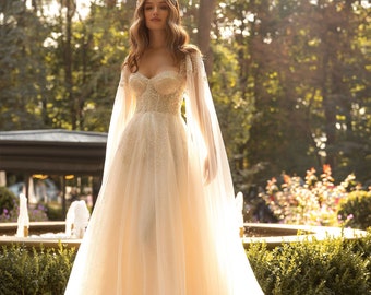 A-line Wedding Dress, Off-the-Shoulder Wedding Dress, Bridal Dress, Fairy Wedding Dress, Romantic Dress, Ivory Dress, Summer Wedding Dress