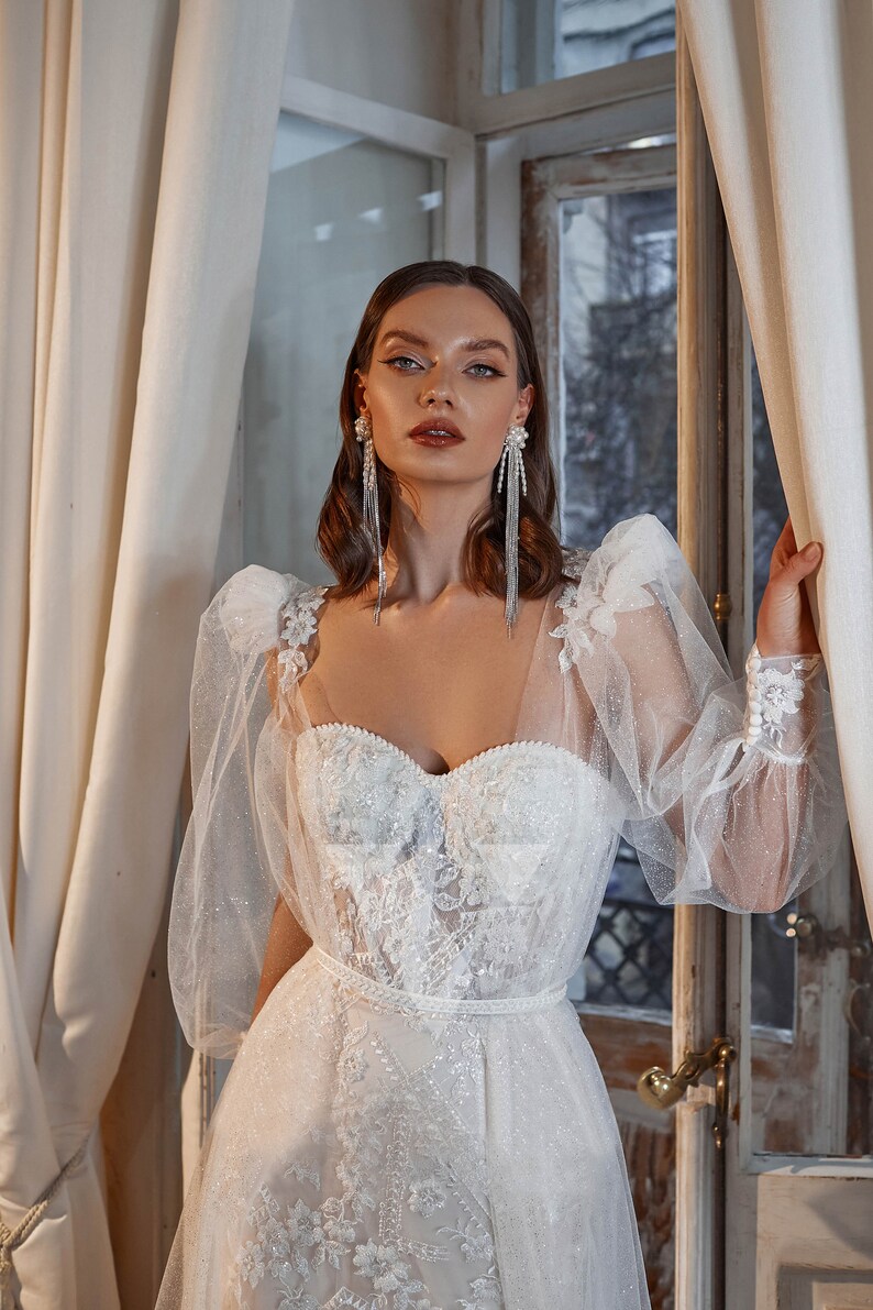 Detachable Sleeve Wedding Dress Cup Bustier Dress Bridal Etsy