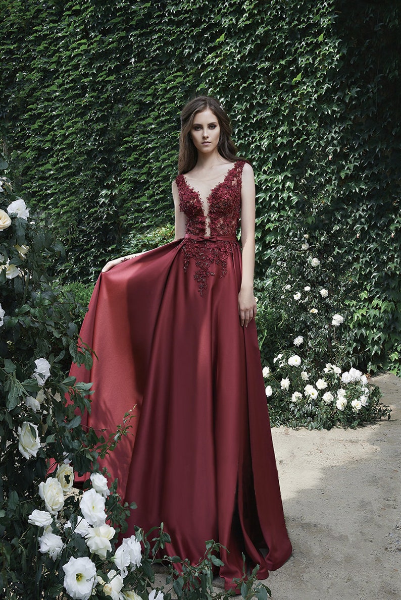 Burgundy Wedding Dress Outfit for prom Wine Red Silk Evening image 0