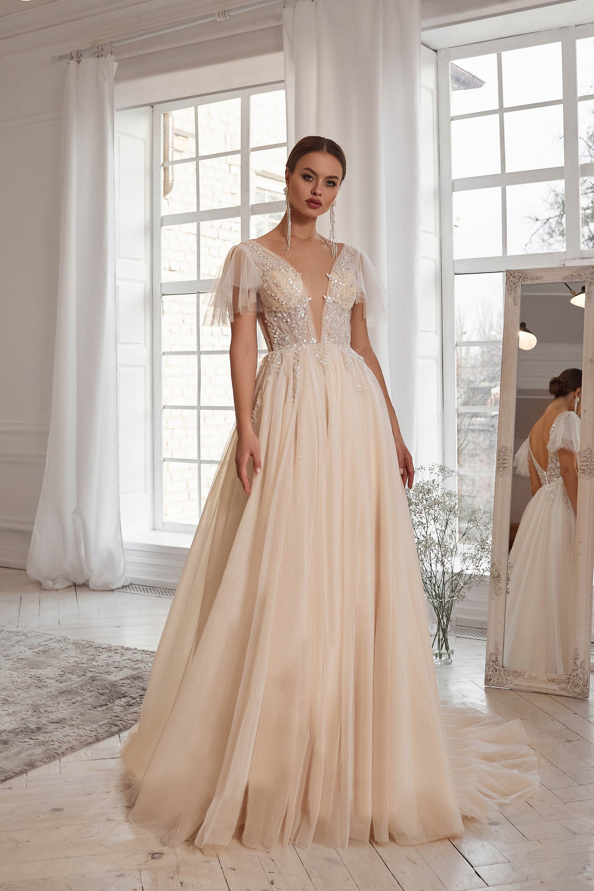 Butterfly Sleeves Wedding Dress Deep V-neck Dress Blush - Etsy Singapore