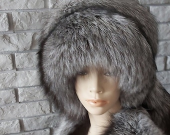 Superior Silver Black Frost Fox Fur Set of Beanie Cossack Hat & Stole Scarf + Tail