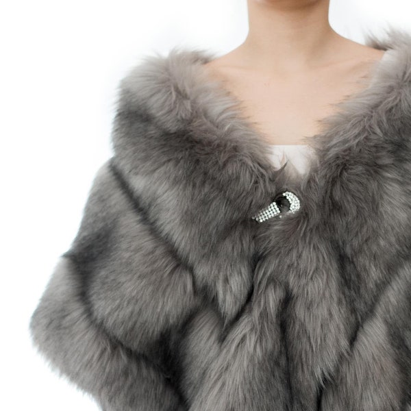 Grey Faux Fur Wrap Faux Fur Stole Faux Fur shawl bridal wrapfaux fur Shrug Etola Wedding Wrap satynowa podszewka etola na ramiona