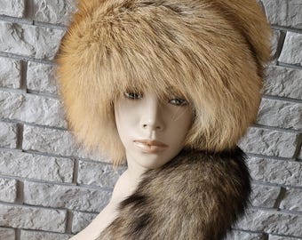 メンズ レッドフォックスファーハット（しっぽ付き）｜リアルファー