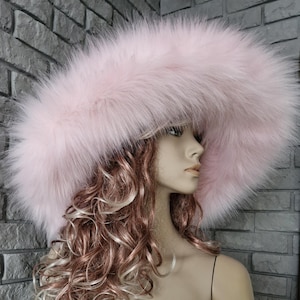 Pastel Pink Faux Fur Festival Hat – Extra Wide Brim Bucket Hat with Wire | Handmade Pamela Style Hat | Custom Sizes S–XL | Lined