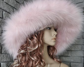 Handgemachter Pastell Rosa Kunstpelz Fischerhut - Breite Krempe, Pamela Stil