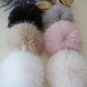 Faux Fur Pom Pom with Tie – Fluffy Pastel Pom for Kids & Adults Hats, Vegan Fur, 8 Color Options, Soft Handmade Hat Topper