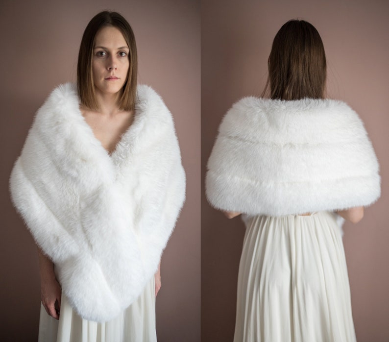 White Faux Fur Bridal Shwal , Winter Wedding Fur Stole Wrap, Winter Wedding Shawl, Faux Fur Shawi, Bridal Coverup image 2