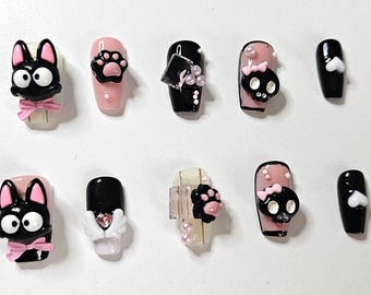 3D Pastel Goth Press-On Nails | Handmade Jiji Cat & Pastel Skull Nails
