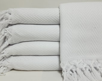 All White Blanket,Cotton Blanket,Turkish Bedspread,79"x89",Turkish Blanket,Sofa Cover,Wedding Gift Blanket,Chevron Pattern Blanket,32KT48