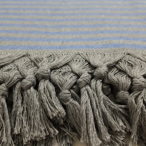 May include: Gray and blue striped throw blanket with fringe tassels. The blanket is made of a soft, woven fabric.