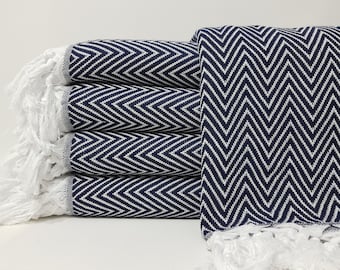 Navy Blue Blanket,Soft Blanket,Herringbone Blanket,Turkish Bedspread,79"x89",Turkish Blankets,Table Cover,Bed Cover,Housewarming Gift,32KT48