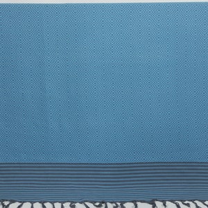 May include: A blue and gray patterned Turkish towel with fringe. The towel has a geometric pattern and a solid blue border.
