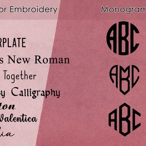 K&ouml;nnte beinhalten: Ein rosa Hintergrund mit einer Liste von Schriftarten f&uuml;r Stickereien auf der linken Seite und drei verschiedenen Monogrammstilen auf der rechten Seite. Die aufgef&uuml;hrten Schriftarten sind Bebas, Dealerplate, Times New Roman, Always Together, Abbasy Calligraphy, Ariston, Hello Valentica und Adelia. Die Monogramme sind ein Kreis, ein Herz und ein Sechseck.