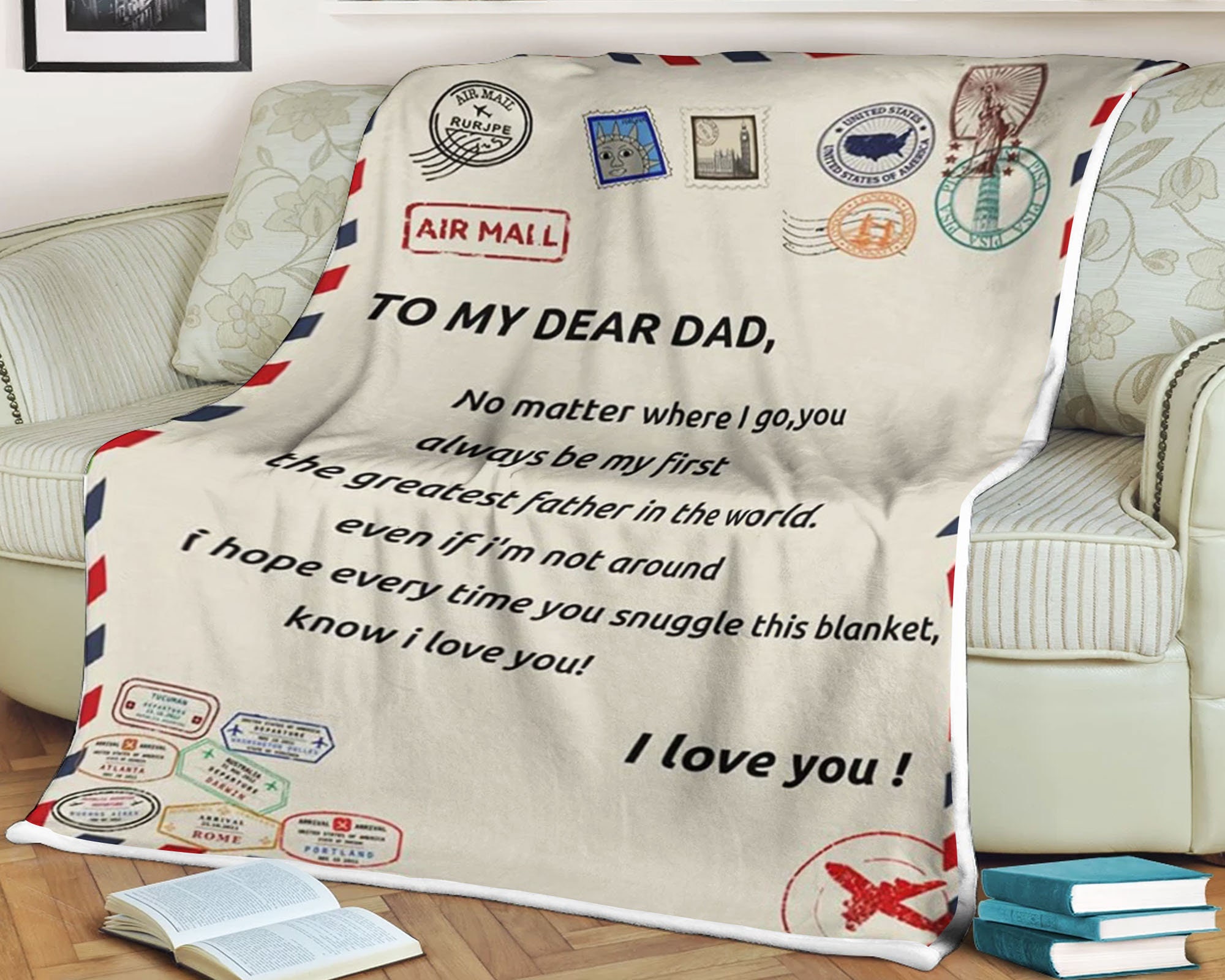 Letter blanket to my dear dad no matter where i go i love you, father's day gift, birthday gift, mothers day gift, gift for christmas
