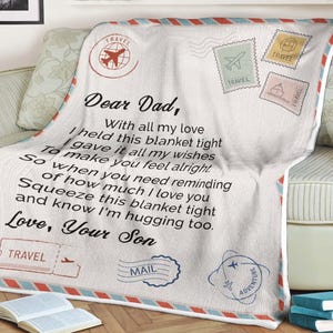 Manta con letras, querido papá, con todo mi amor sostuve esta manta fuerte, le di todos mis deseos, amo a tu hijo, manta regalo del día del padre