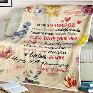Manta con letras de flores, manta de feliz 60 aniversario, manta de 60 años de matrimonio, manta de aniversario de bodas, manta con nombre personalizado