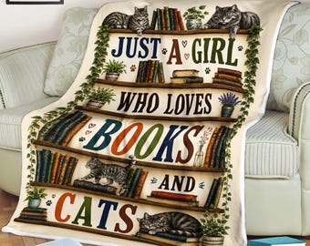 Book Lover Blanket, Cat Lover Blanket, Reading Gift, Books and Cats Throw, Library Decor, Cozy Reader Blanket, Bookworm Gift