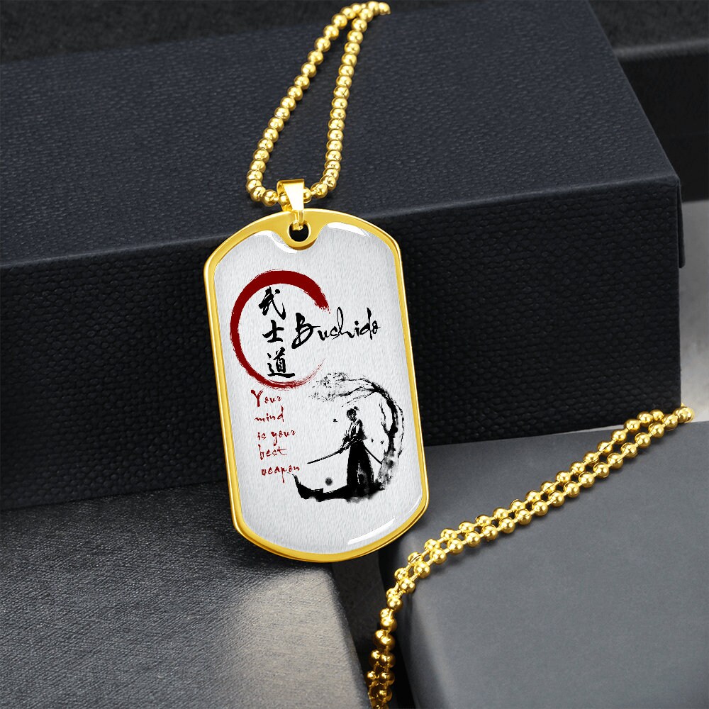 Samurai Dog Tag Necklace Silver Gold Bushido Your Mind is Your